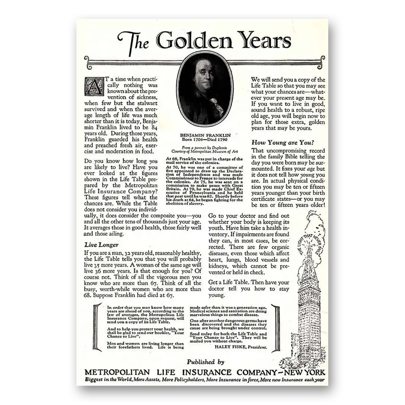 1926 Metropolitan Life Insurance Benjamin Franklin Vintage Magazine Print Ad