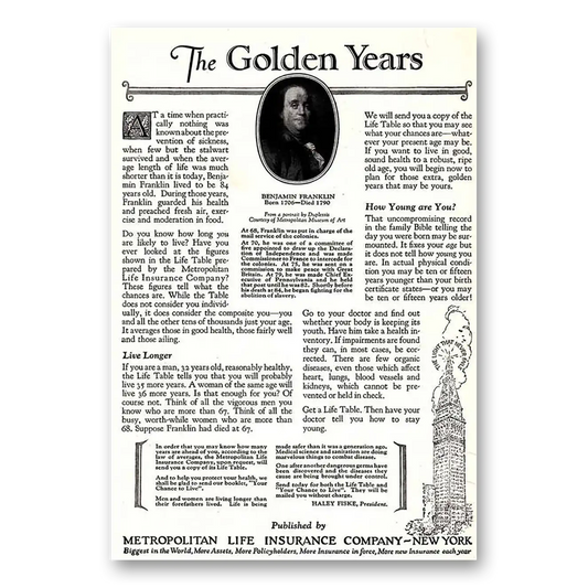 1926 Metropolitan Life Insurance Benjamin Franklin Vintage Magazine Print Ad