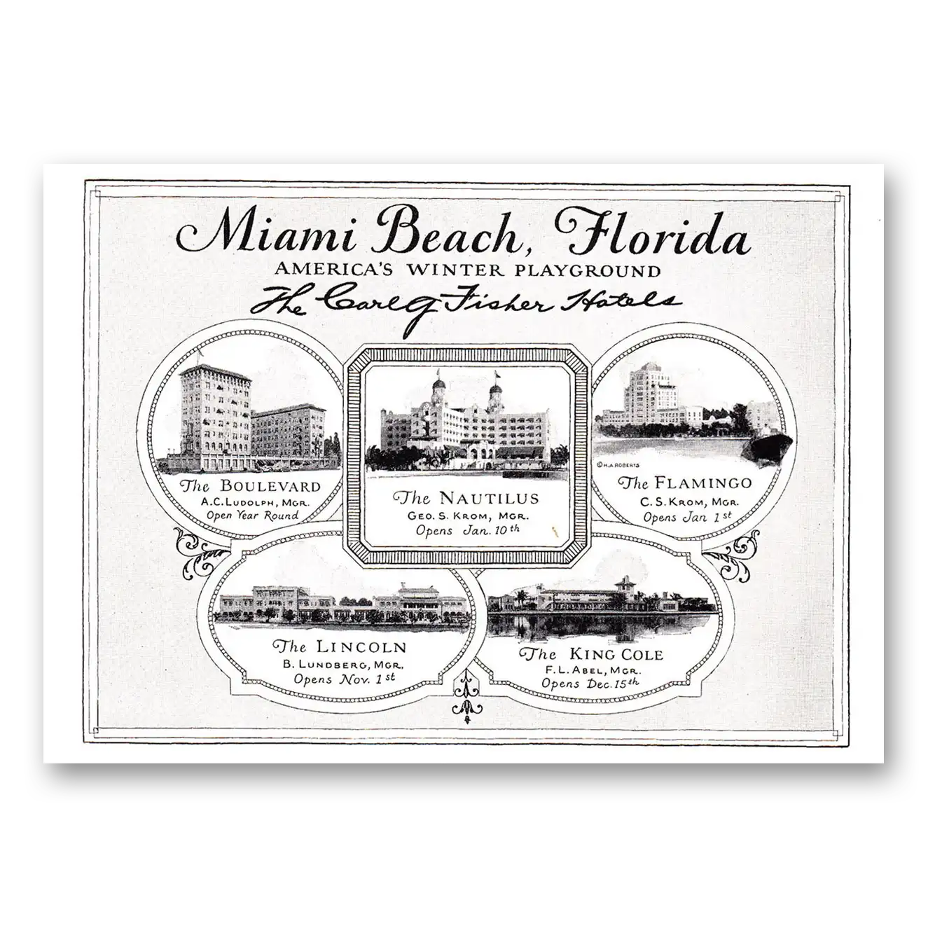 1926 Miami Beach Florida Careg Fisher Hotels Vintage Magazine Print Ad