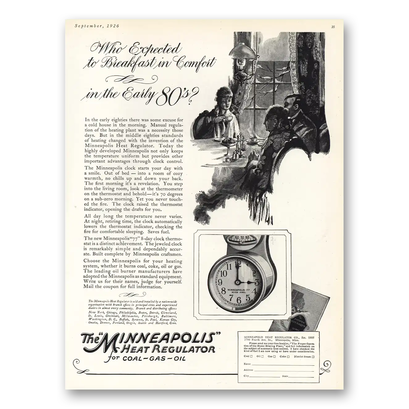 1926 Minneapolis Heat Regulator Breakfast In Comfort In the Early 80s Vintage Magazine Print Ad