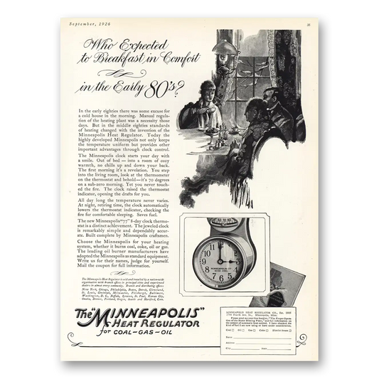 1926 Minneapolis Heat Regulator Breakfast In Comfort In the Early 80s Vintage Magazine Print Ad