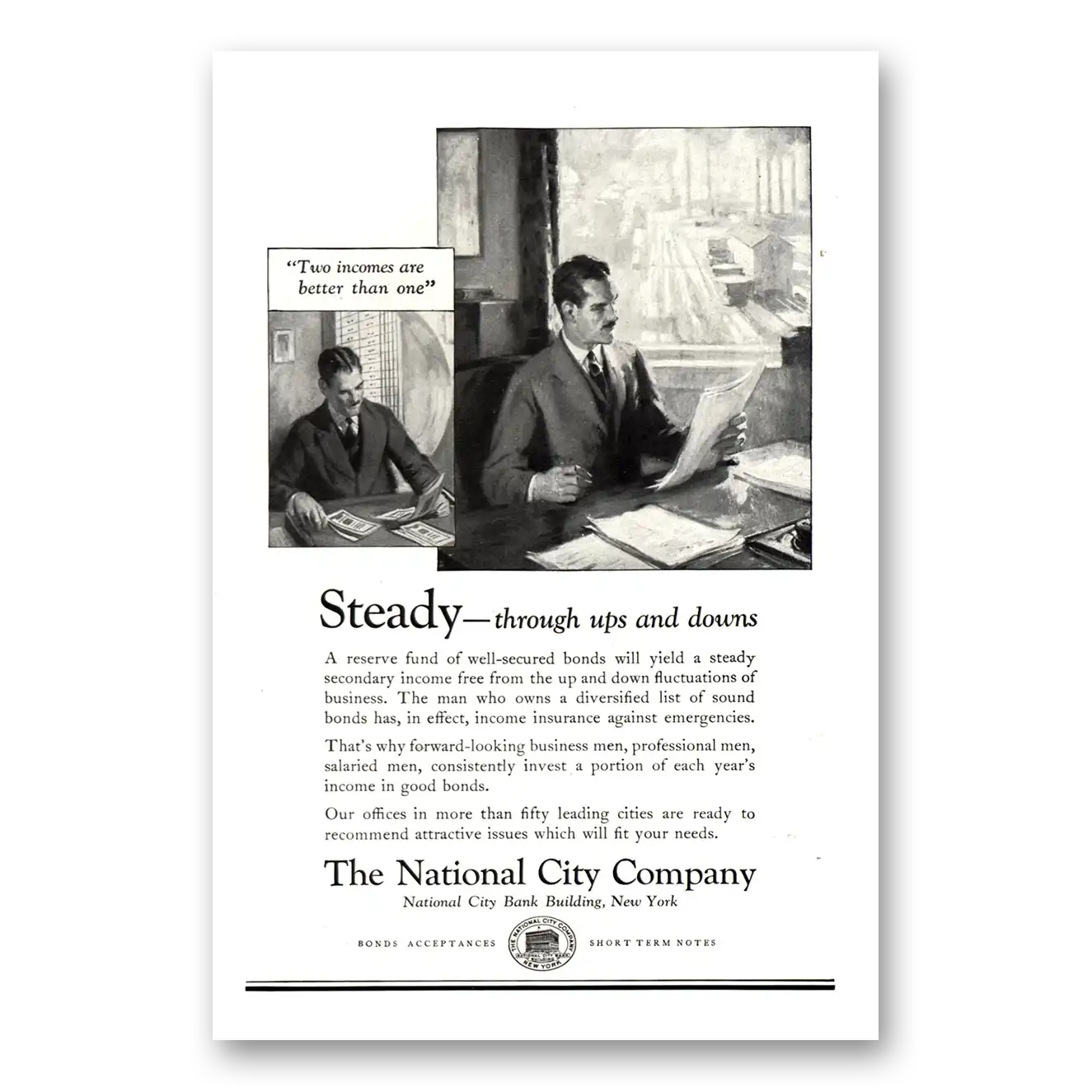 1926 National City Company Steady Through Ups and Downs Vintage Magazine Print Ad