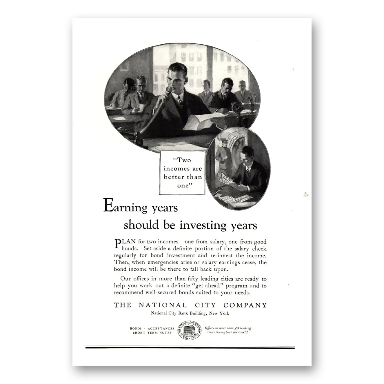 1926 National City Company Earning Years Should Be Investing Years Vintage Magazine Print Ad