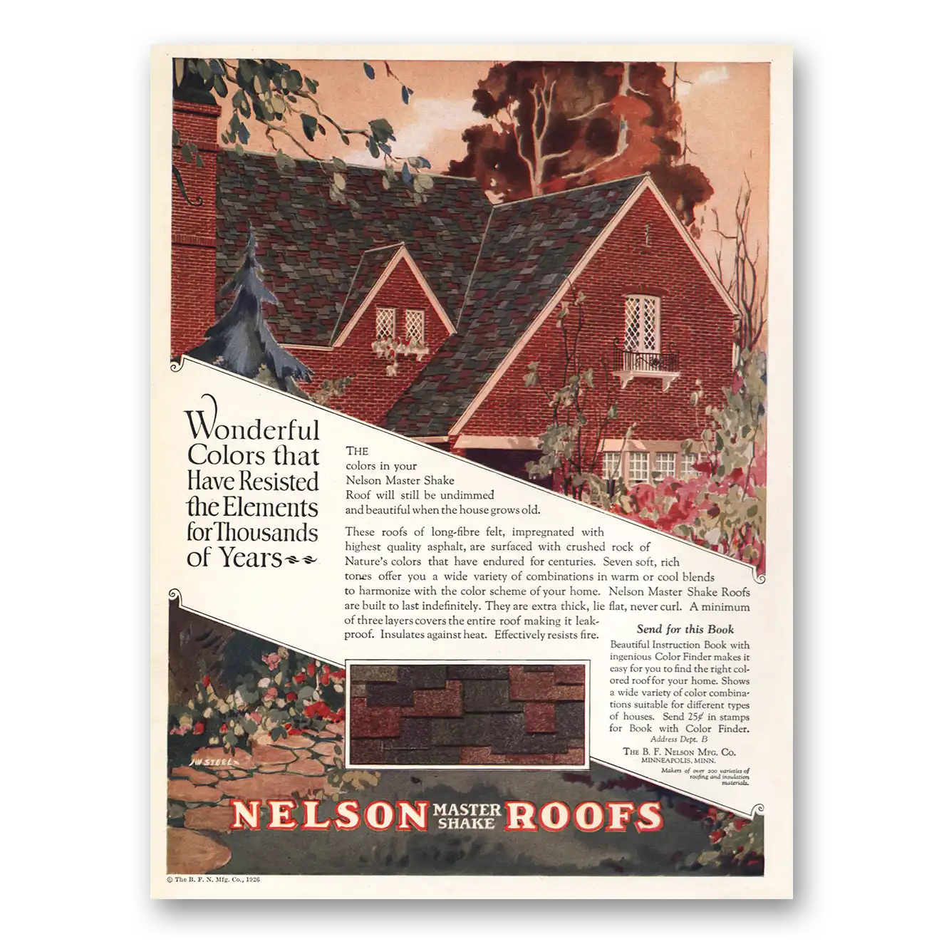 1926 Nelson Master Shake Roofs Wonderful Colors Resisted Elements Vintage Magazine Print Ad