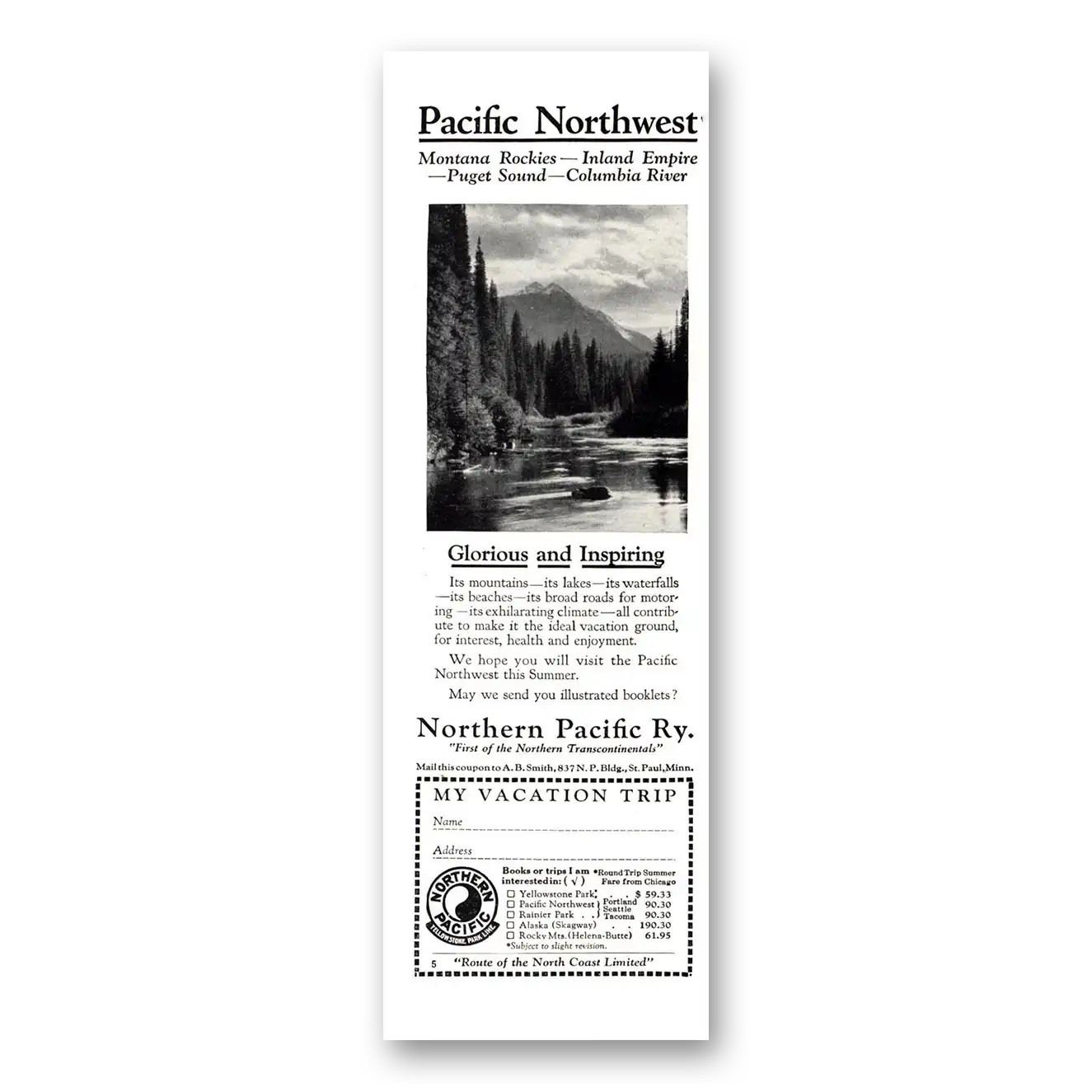 1926 Northern Pacific Railway Montana Rockies Puget Sound Vintage Magazine Print Ad