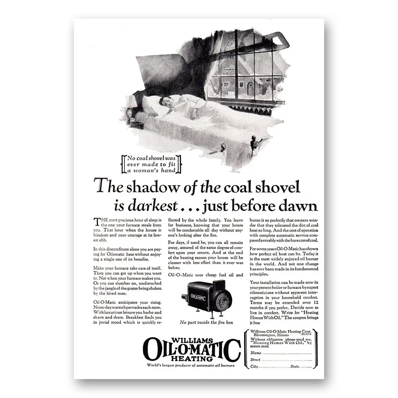 1926 Williams Oil-O-Matic Shadow of the Coat Shovel is Darkest Just Before Dawn Vintage Magazine Print Ad