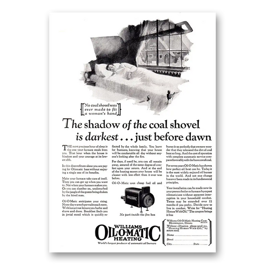 1926 Williams Oil-O-Matic Shadow of the Coat Shovel is Darkest Just Before Dawn Vintage Magazine Print Ad