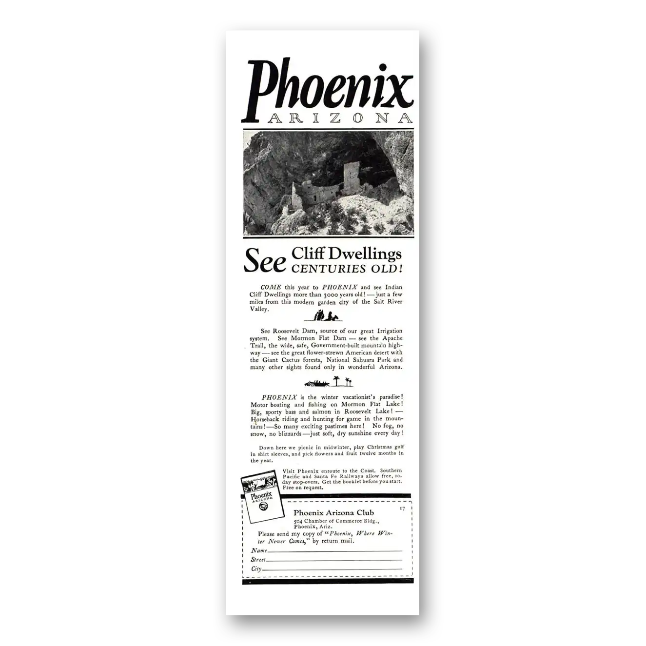 1926 Phoenix Arizona Cliff Dwellings Centuries Old Vintage Magazine Print Ad