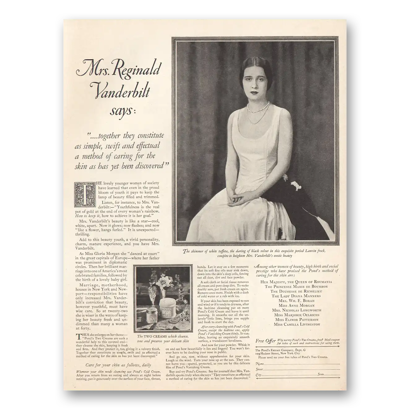 1926 Ponds Creams Mrs Reginald Vanderbilt Vintage Magazine Print Ad