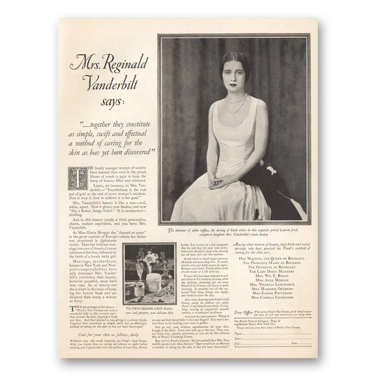 1926 Ponds Creams Mrs Reginald Vanderbilt Vintage Magazine Print Ad