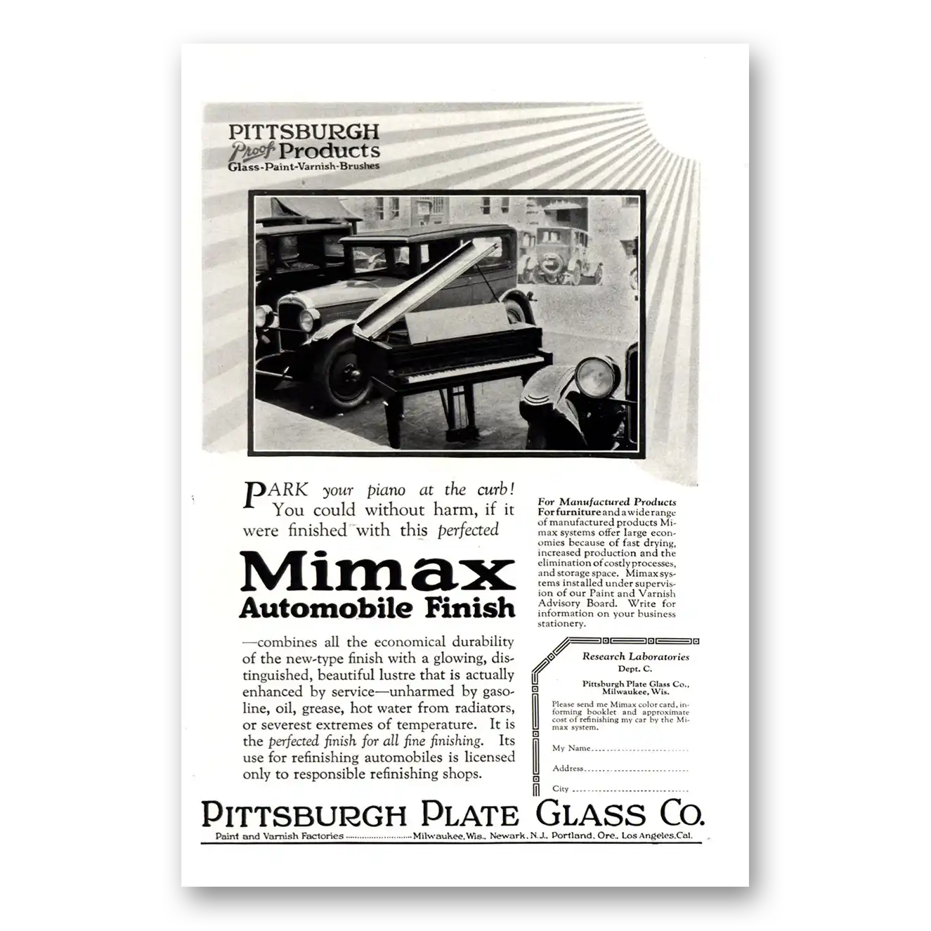 1926 PPG Pittsburgh Plate Glass Park Your Piano Mimax Automobile Finish Vintage Magazine Print Ad