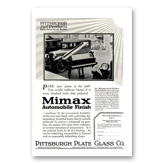 1926 PPG Pittsburgh Plate Glass Park Your Piano Mimax Automobile Finish Vintage Magazine Print Ad