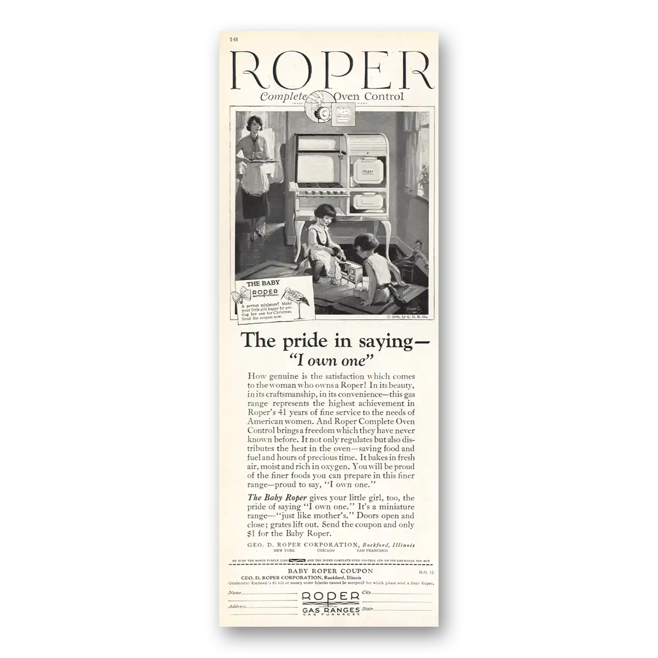 1926 Roper Gas Ranges Pride In Saying I Own One Vintage Magazine Print Ad