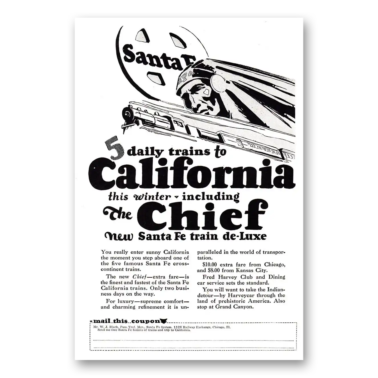 1926 Santa Fe Railway Daily Trains to California this Winter Including the Chief Vintage Magazine Print Ad