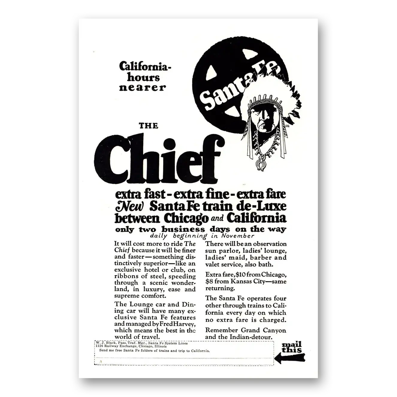 1926 Santa Fe Railway Chief California Hours Nearer Vintage Magazine Print Ad