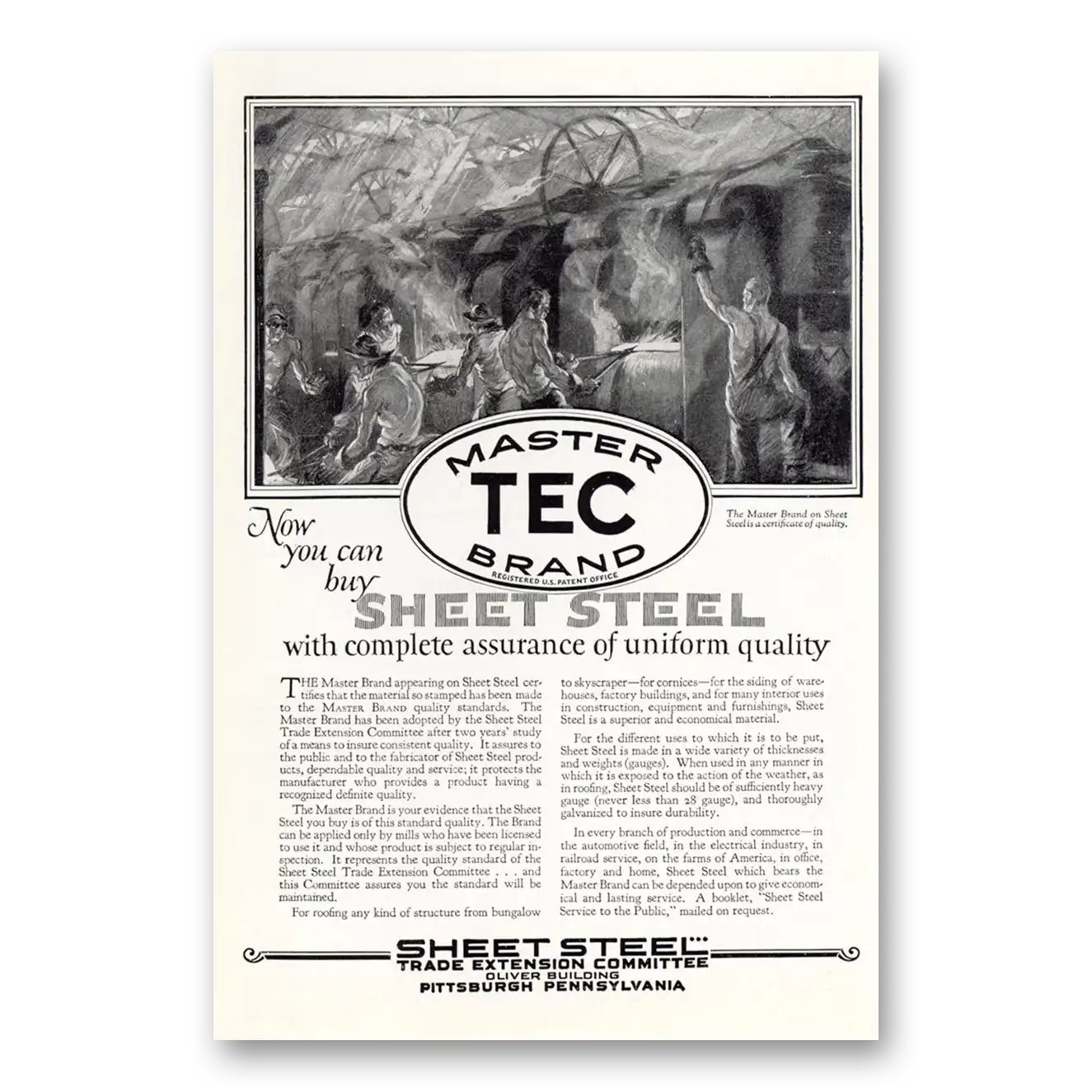 1926 Sheet Steel Trade Master TEC Brand Vintage Magazine Print Ad