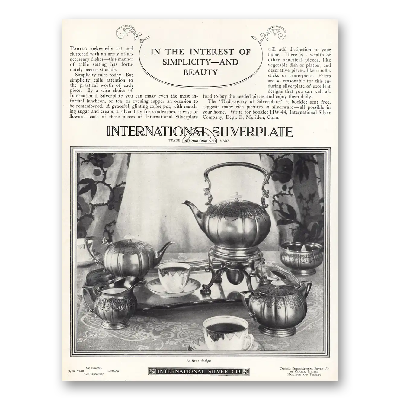 1926 International Silver Interest of Simplicity Vintage Magazine Print Ad