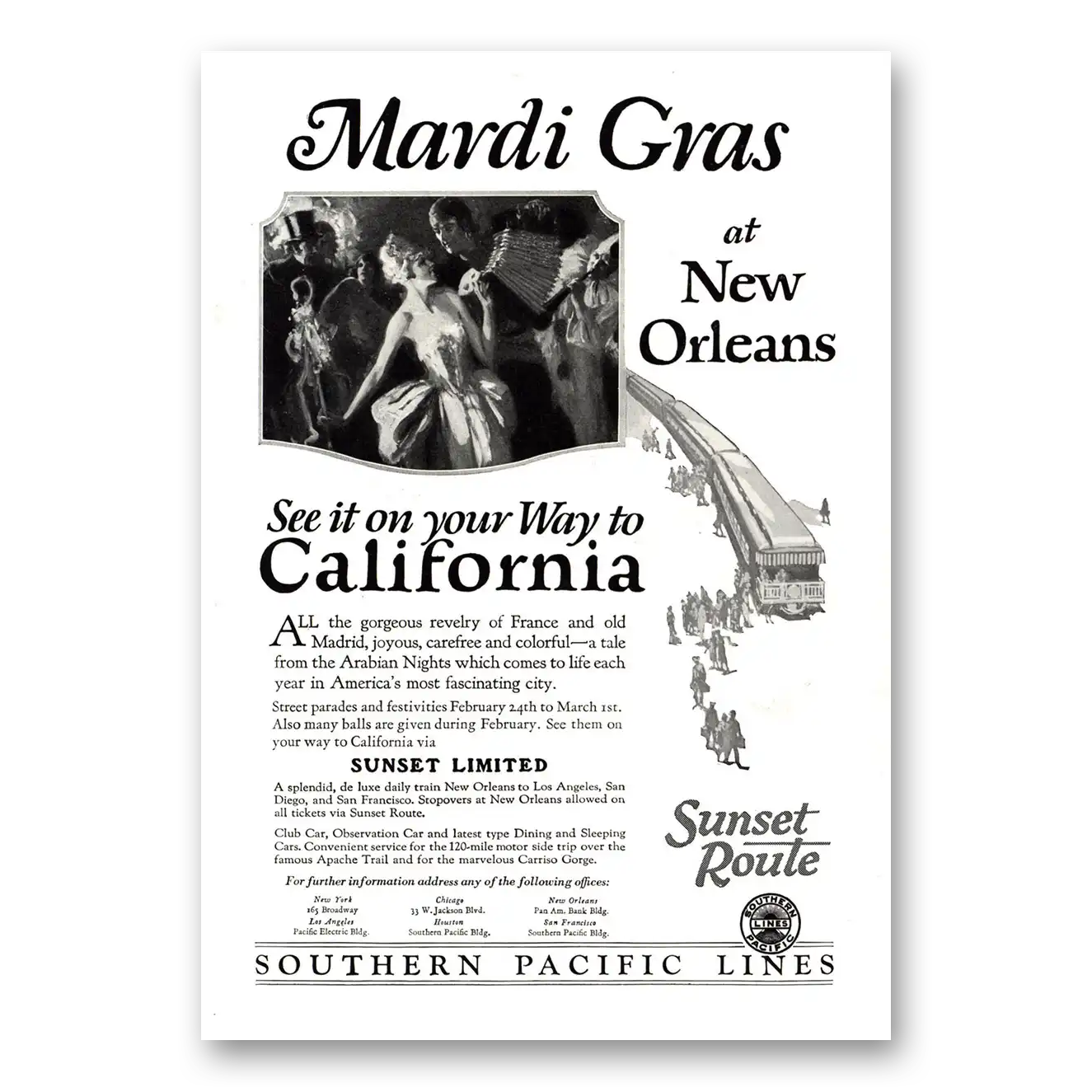 1927 Southern Pacific Mardi Gras at New Orleans Vintage Magazine Print Ad