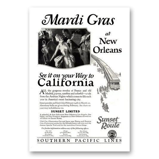 1927 Southern Pacific Mardi Gras at New Orleans Vintage Magazine Print Ad