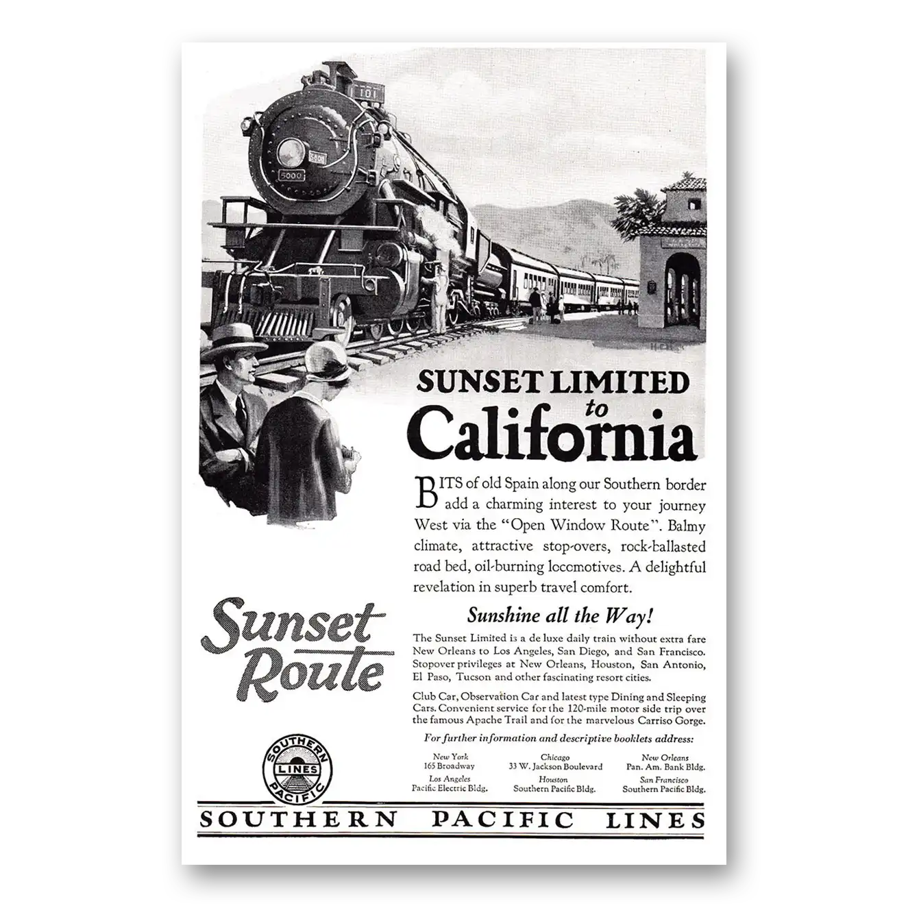 1926 Southern Pacific Sunset Limited to California Vintage Magazine Print Ad