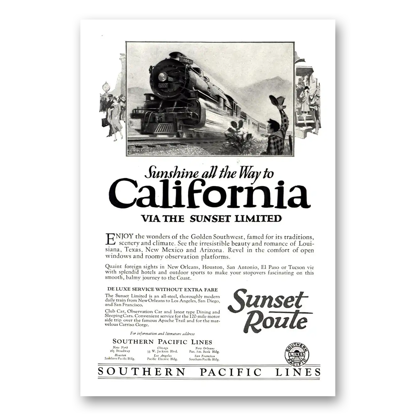 1926 Southern Pacific Sunshine All the Way California Sunset Route Vintage Magazine Print Ad