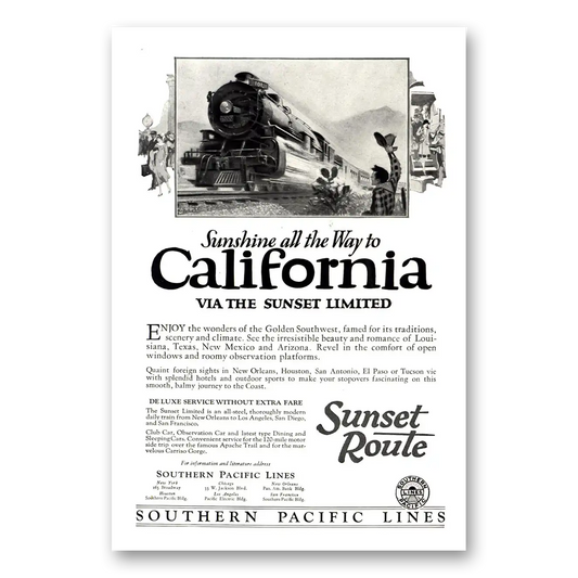 1926 Southern Pacific Sunshine All the Way California Sunset Route Vintage Magazine Print Ad