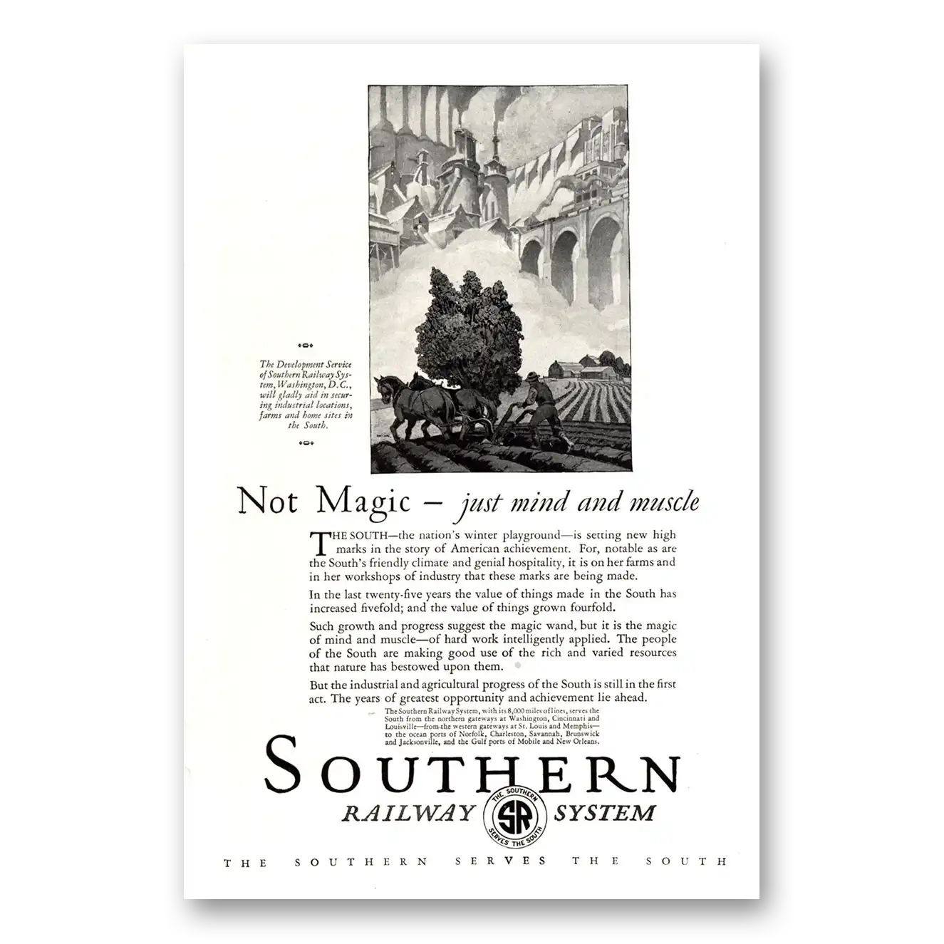 1926 Southern Railway Not Magic Just Mind and Muscle Vintage Magazine Print Ad