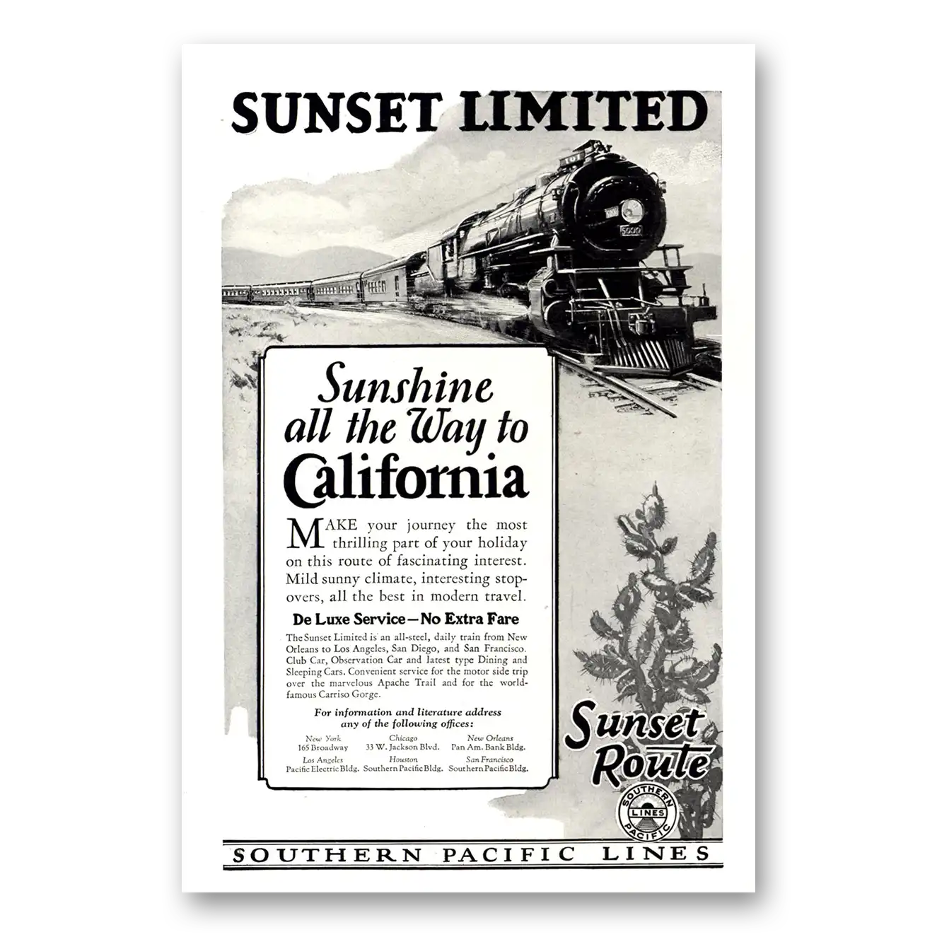 1926 Southern Pacific Sunset Limited Sunshine All the Way California Vintage Magazine Print Ad