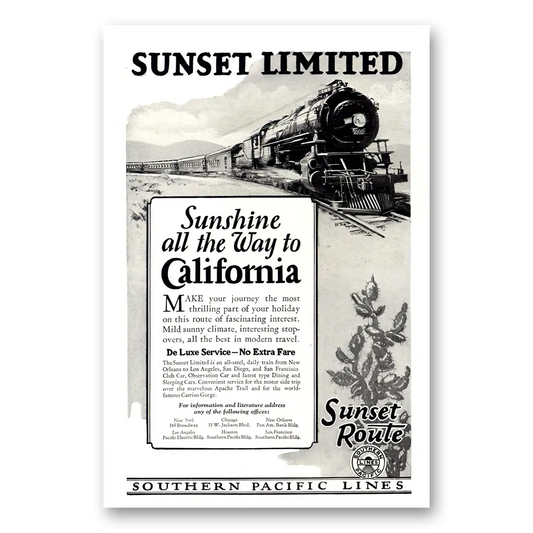 1926 Southern Pacific Sunset Limited Sunshine All the Way California Vintage Magazine Print Ad