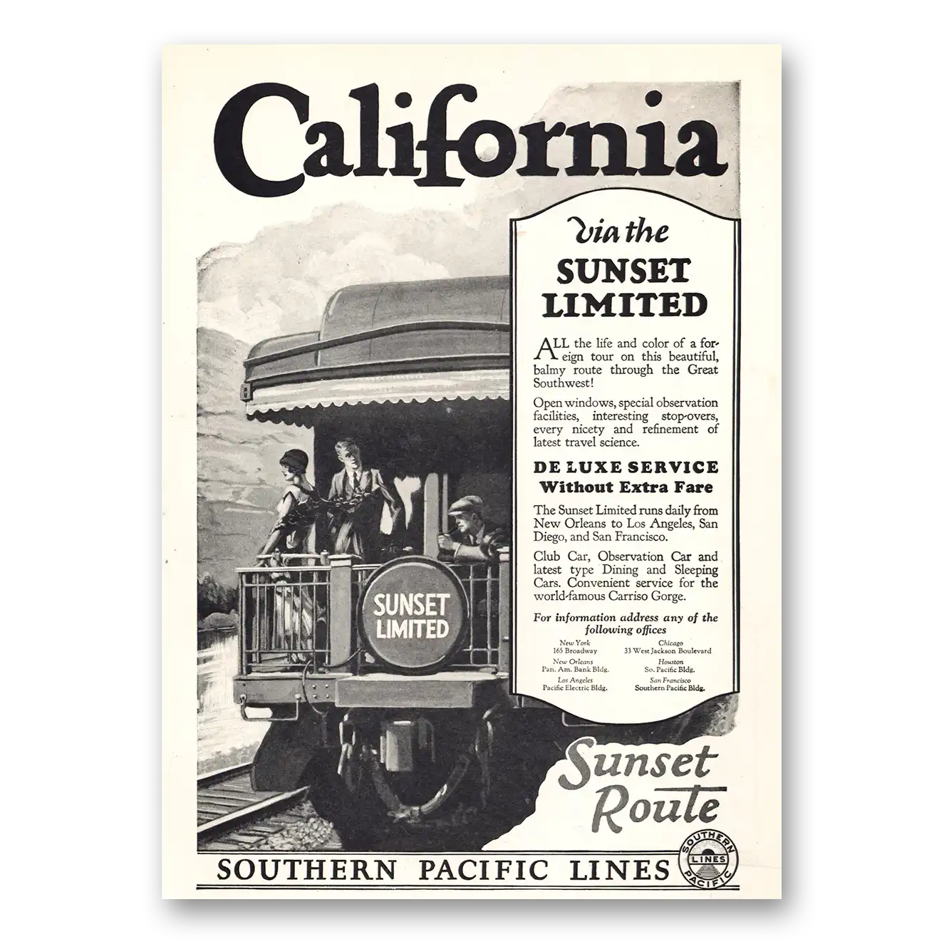 1926 Southern Pacific Via Sunset Limited Vintage Magazine Print Ad