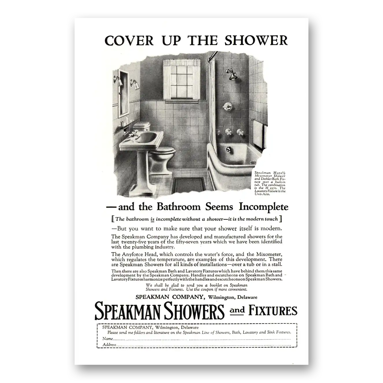 1926 Speakman Showers Cover Up the Shower Vintage Magazine Print Ad