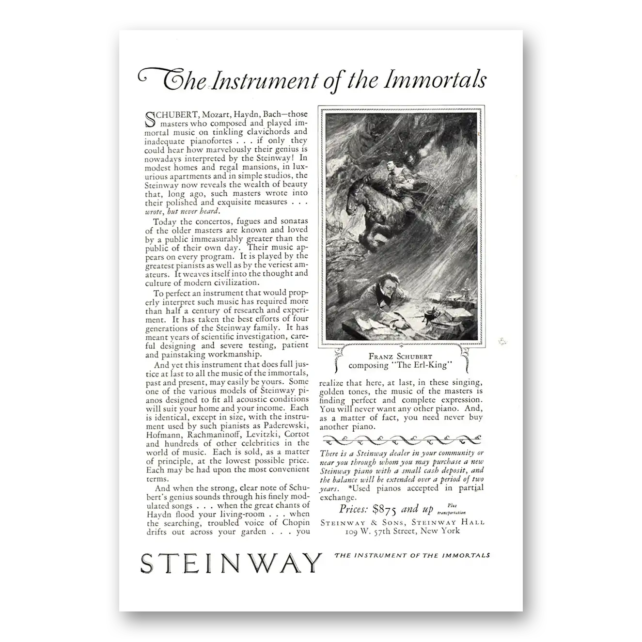 1926 Steinway Piano Franz Schubert Composing Erl King Vintage Magazine Print Ad