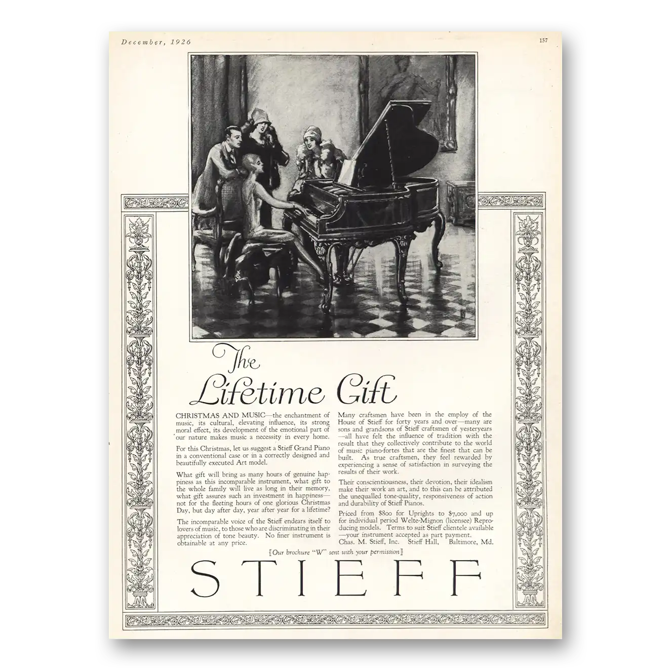 1926 Stieff Piano Lifetime Gift Vintage Magazine Print Ad