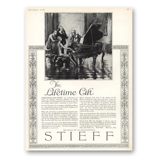 1926 Stieff Piano Lifetime Gift Vintage Magazine Print Ad