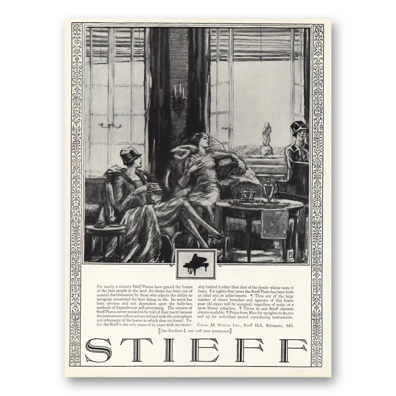 1926 Stieff Piano For Nearly a Century Vintage Magazine Print Ad