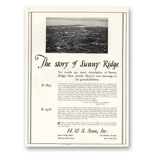 1926 H & S Sonn Story of Sunny Ridge Vintage Magazine Print Ad