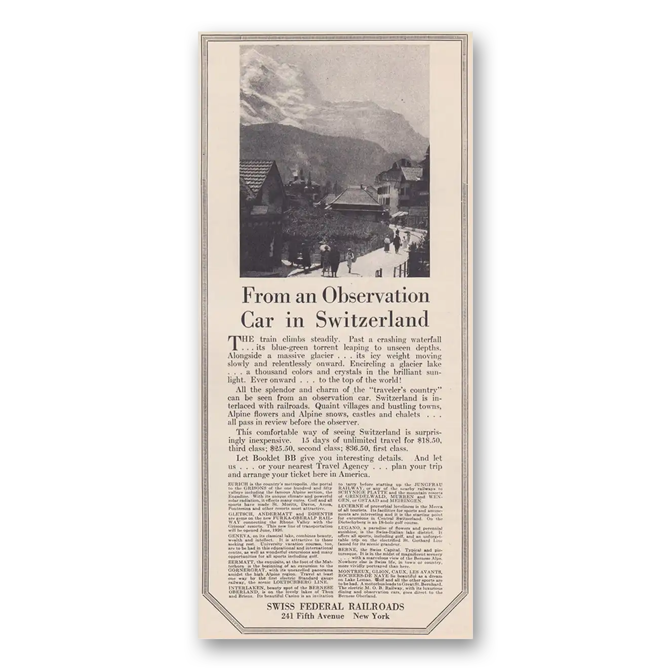 1926 Swiss Federal Railroads From an Observation Car in Switzerland Vintage Magazine Print Ad