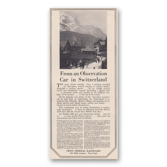 1926 Swiss Federal Railroads From an Observation Car in Switzerland Vintage Magazine Print Ad