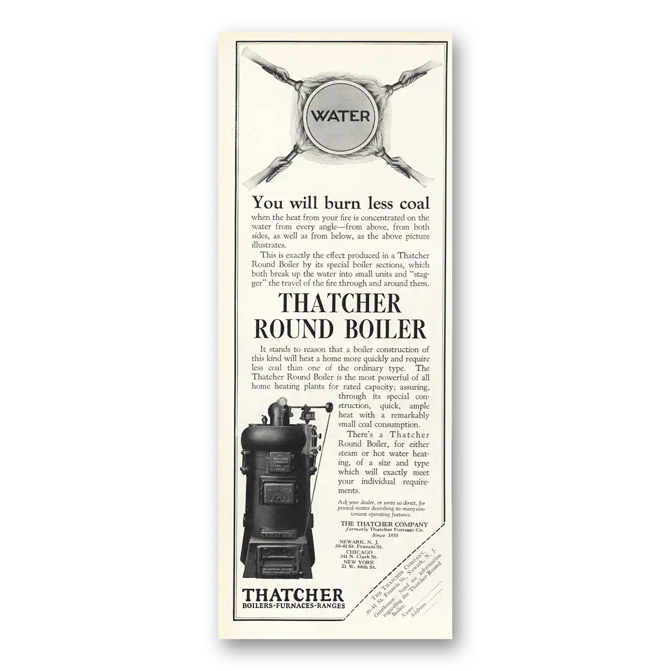 1926 Thatcher Round Boiler You Will Burn Less Coal Vintage Magazine Print Ad