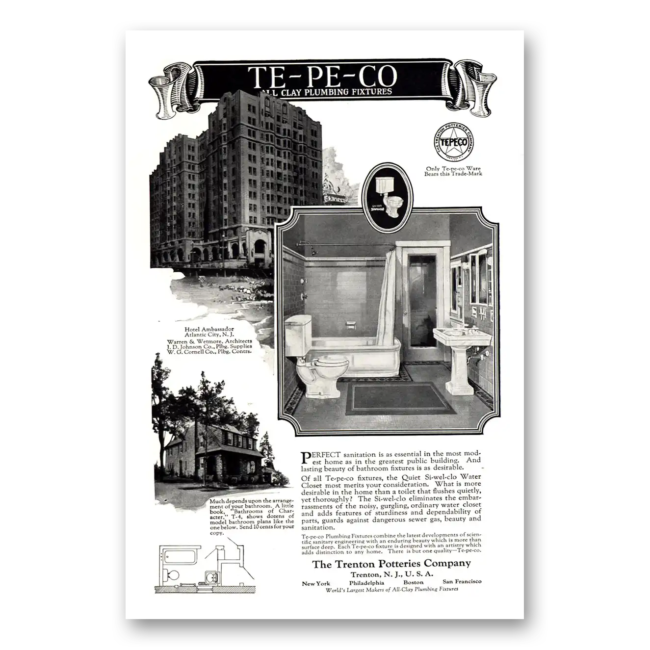 1926 Trenton Potteries Hotel Ambassador New Jersey Vintage Magazine Print Ad