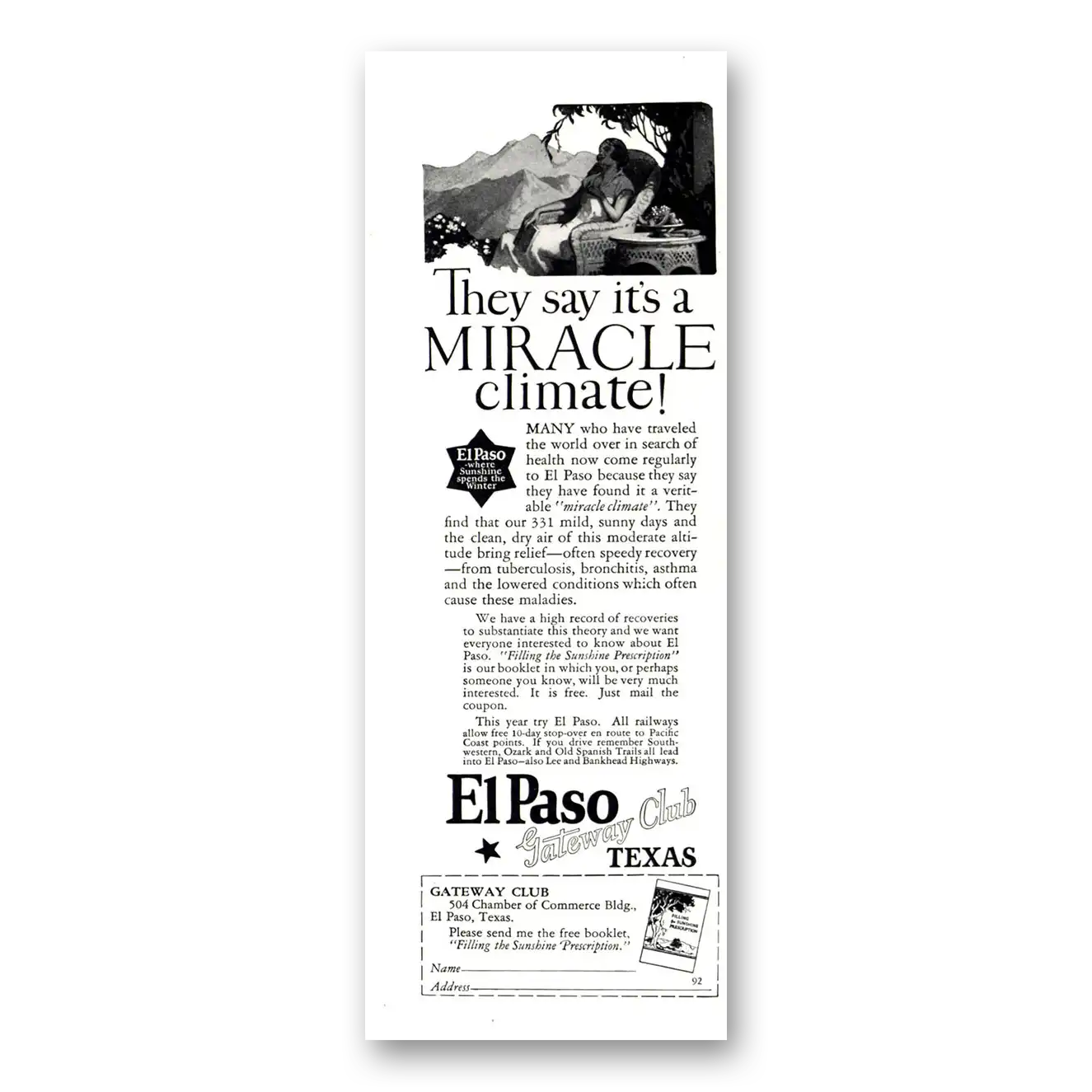 1926 El Paso Texas Miracle Climate Vintage Magazine Print Ad