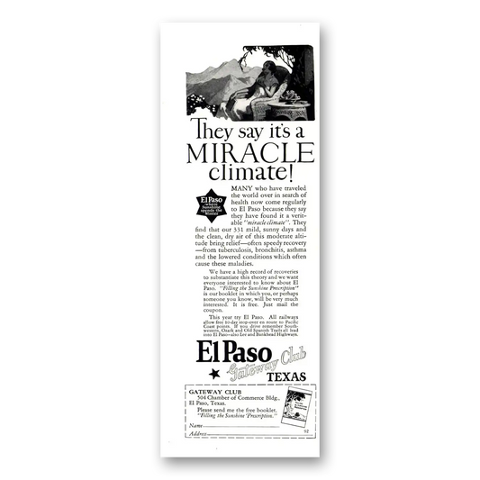 1926 El Paso Texas Miracle Climate Vintage Magazine Print Ad