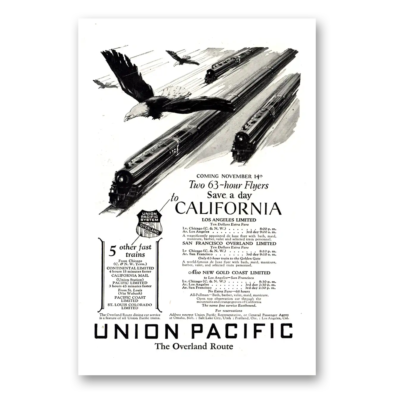 1926 Union Pacific Railroad Two 63 Hour Flyers California Vintage Magazine Print Ad