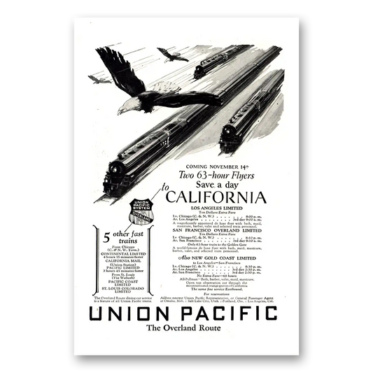 1926 Union Pacific Railroad Two 63 Hour Flyers California Vintage Magazine Print Ad