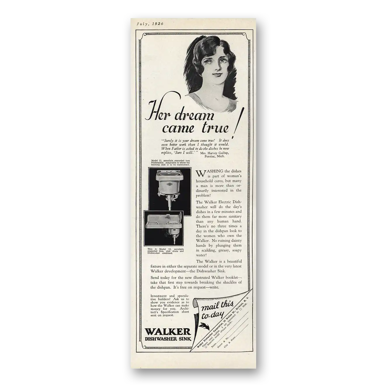 1926 Walker Dishwasher Sink Her Dream Came True Vintage Magazine Print Ad