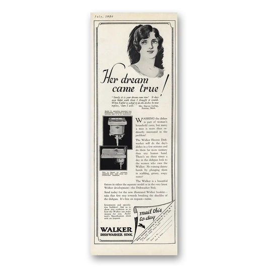 1926 Walker Dishwasher Sink Her Dream Came True Vintage Magazine Print Ad