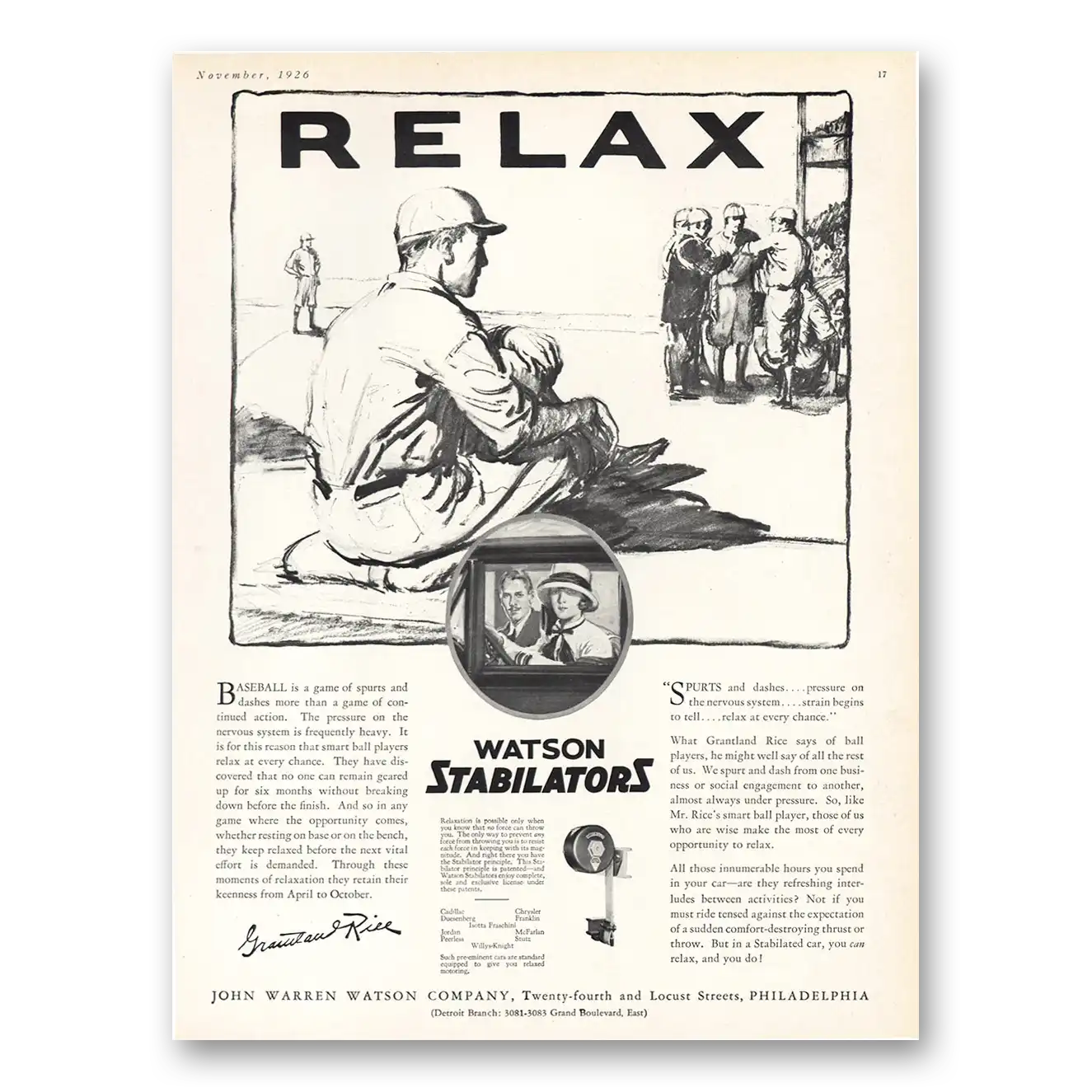 1926 Watson Stabilators Relax Grantland Rice Vintage Magazine Print Ad