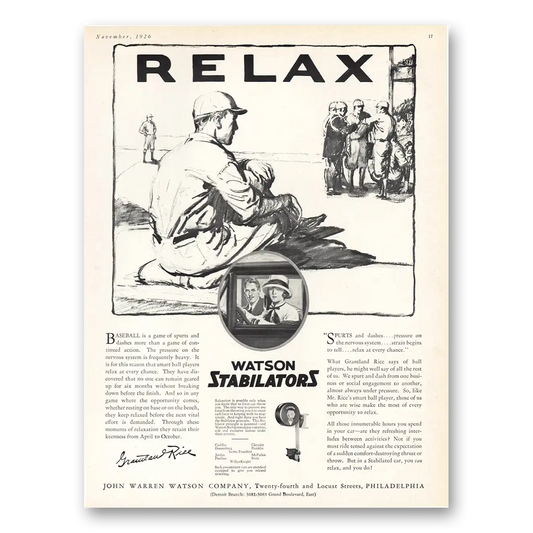 1926 Watson Stabilators Relax Grantland Rice Vintage Magazine Print Ad