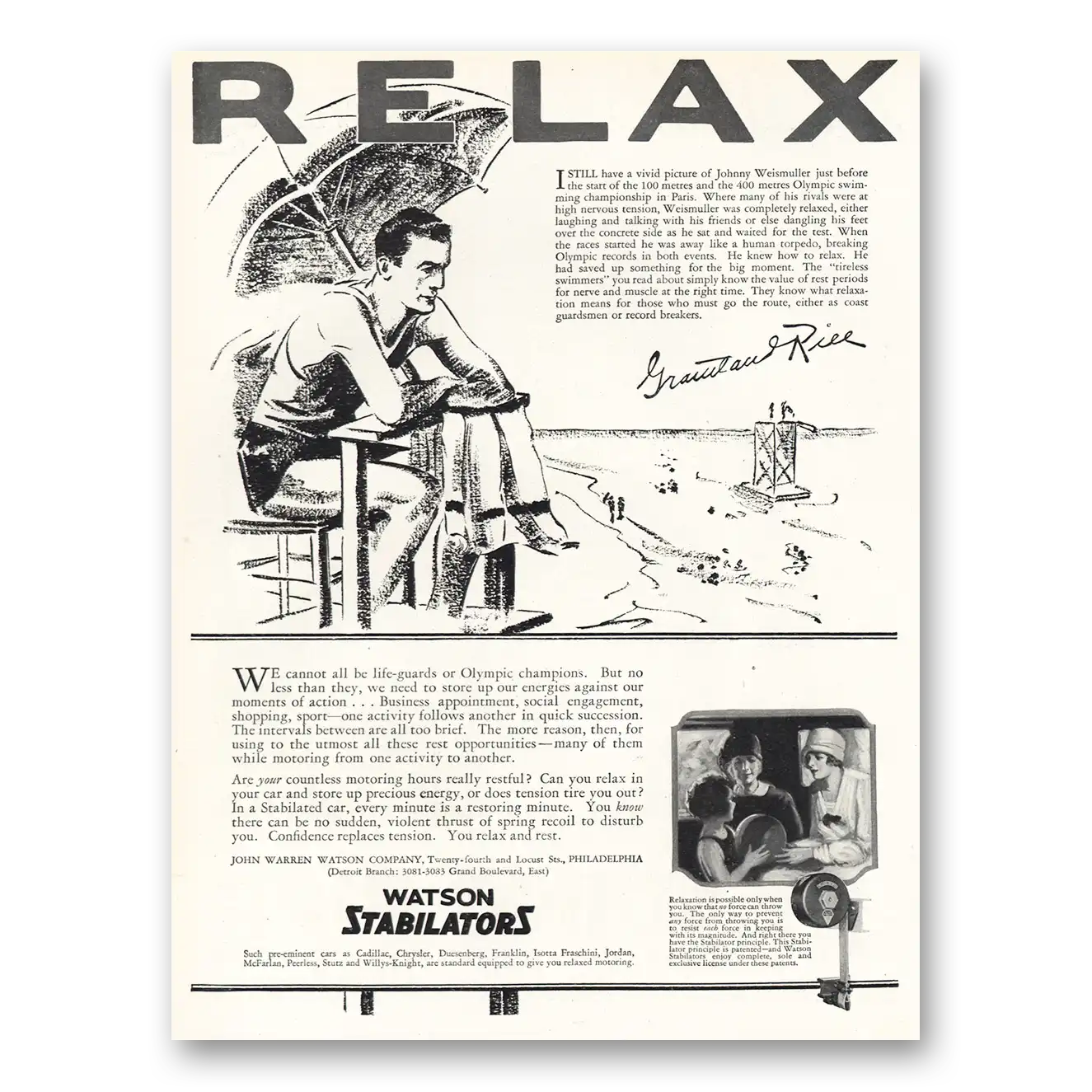 1926 Watson Stabilators Relax Johnny Weismuller Vintage Magazine Print Ad