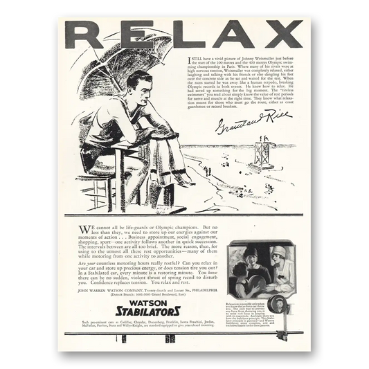 1926 Watson Stabilators Relax Johnny Weismuller Vintage Magazine Print Ad